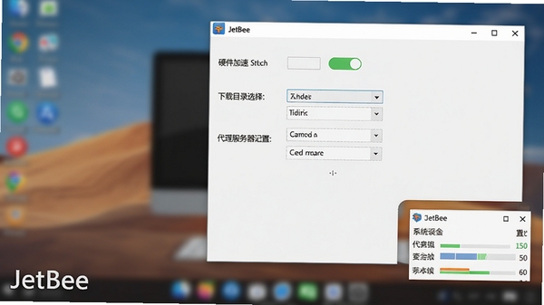 JetBee设置界面与运行状态示意图,展示硬件加速开关、下载目录选择、代理服务器配置等选项,同时显示系统资源占用小窗口,整体画面简洁明了,软件名称“JetBee”位于左下角,背景为高斯模糊的桌面环境,突出软件配置的灵活性和易用性。