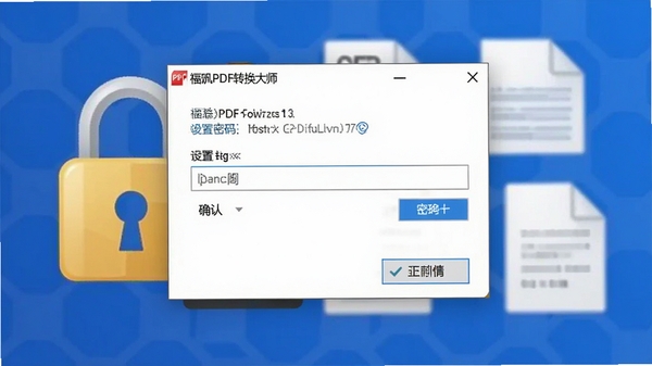 福昕PDF转换大师设置密码对话框,输入密码确认,背景为锁图标和文档图标