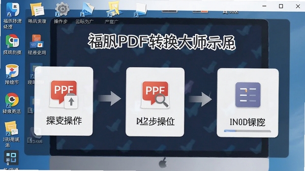 福昕PDF转换大师使用教程示意图,展示操作步骤,背景为电脑桌面图标