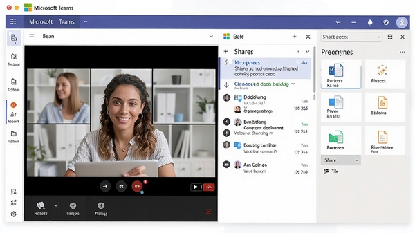 Microsoft Teams团队协作界面展示,包含视频会议窗口、聊天列表和文件共享面板,整体风格现代简洁,色彩明亮,体现高效办公氛围。