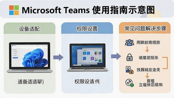 Microsoft Teams使用指南示意图,展示设备适配、权限设置和常见问题解决步骤,图文并茂,字体清晰,便于用户参考。