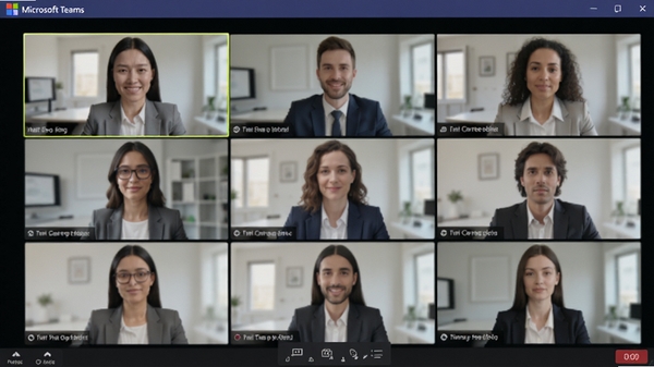 Microsoft Teams高清视频会议场景,多人视频窗口排列,背景虚化,字幕实时显示,画面清晰,色彩自然,体现专业会议体验。