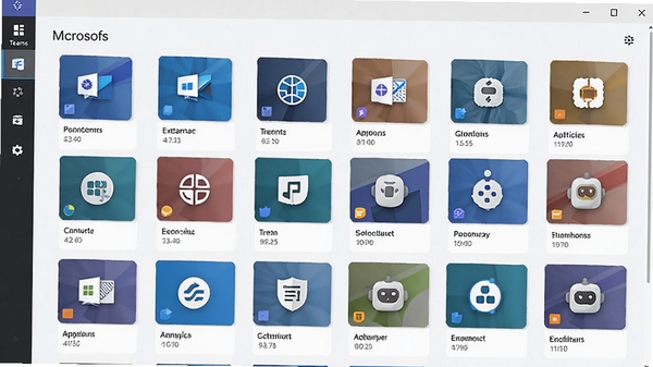 Microsoft Teams应用中心界面,展示各类第三方应用图标和机器人卡片,色彩丰富,布局整齐,体现功能的可扩展性。