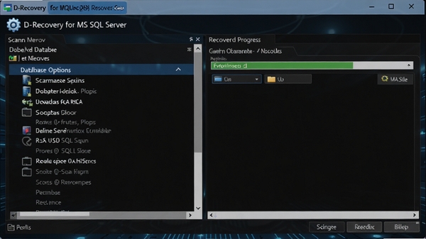 一个简洁的数据库恢复软件界面截图,显示D-Recovery for MS SQL Server主窗口,左侧为扫描选项,右侧为恢复进度,背景为深蓝色科技感,强调专业与高效