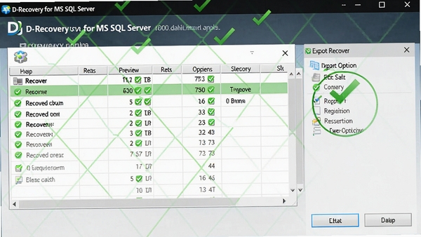 D-Recovery for MS SQL Server恢复数据时显示预览表格和导出选项的界面,绿色对勾表示可恢复项,界面清晰,色彩明亮,强调精准恢复功能
