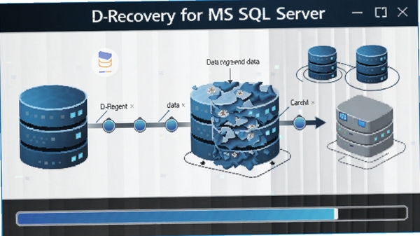 D-Recovery for MS SQL Server深度扫描数据库文件的动态示意图,显示数据碎片重组过程,背景有数据库图标和扫描进度条,色调以蓝黑为主,体现高科技感