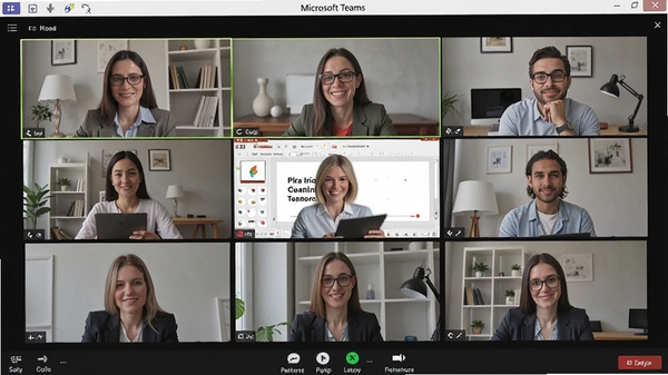 Microsoft Teams视频会议场景,多人网格视图,其中一人正在共享PPT演示文稿,画面清晰,界面包含会议控制栏,背景为居家或办公室环境。
