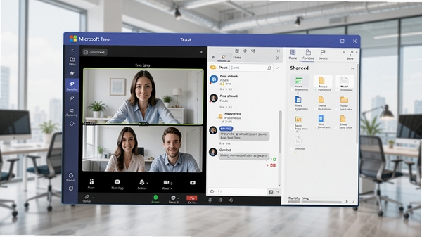 Microsoft Teams团队协作界面展示,包含视频会议、聊天窗口和文件共享面板,背景为现代办公环境,色彩明亮清晰,突出软件品牌标识,风格商务且充满科技感。