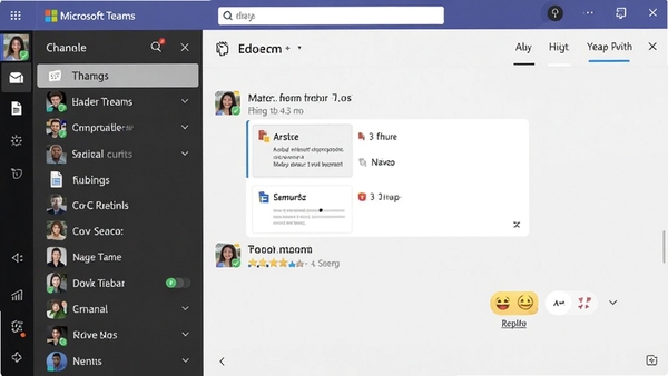 Microsoft Teams频道聊天界面,左侧频道列表,右侧对话区域,包含文件附件和表情回复,整体界面简洁现代,突出团队沟通协作氛围。