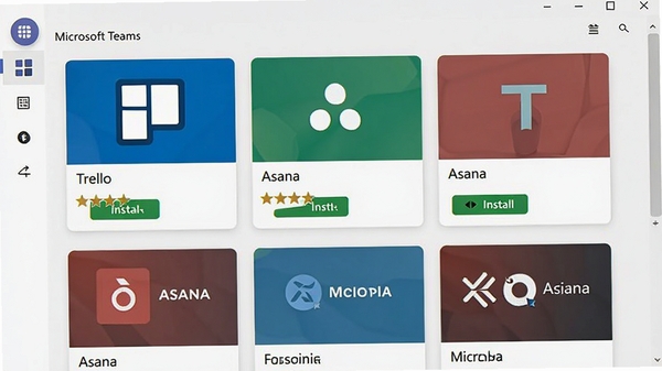 Microsoft Teams应用商店界面,展示Trello、Asana等第三方应用卡片,配有安装按钮和评分,界面清新,突显扩展生态丰富性。