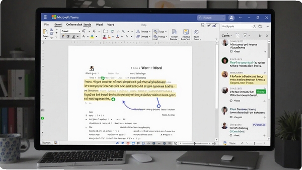 Microsoft Teams中在线编辑Word文档的界面,右侧聊天面板,文档高亮显示协作光标,界面现代,体现实时协同编辑能力。