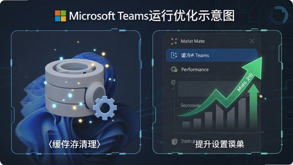 Microsoft Teams运行优化示意图,展示缓存清理和设置菜单,突出性能提升,风格简洁明了。