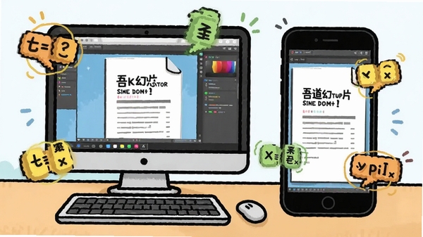 吾道幻灯片使用技巧示意图,展示电脑与手机同时编辑同一文档,周围有快捷键标注,风格卡通易懂