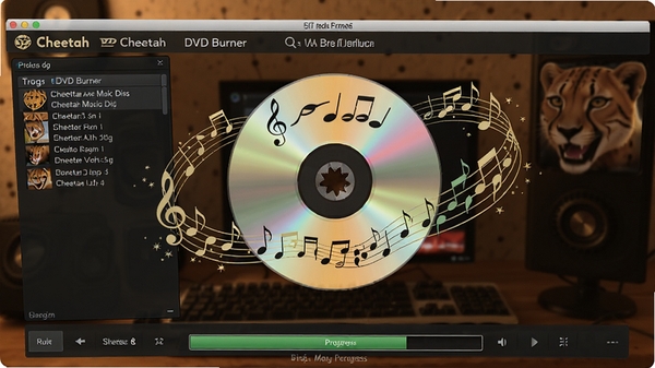 Cheetah DVD Burner制作音乐光盘场景,音乐符号环绕光盘,界面显示音轨列表和刻录进度,背景为温暖色调,体现多媒体创作的乐趣