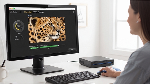 Cheetah DVD Burner在电脑上运行的场景,用户正在操作软件,旁边有外置光驱,界面显示刻录进度,整体环境明亮整洁
