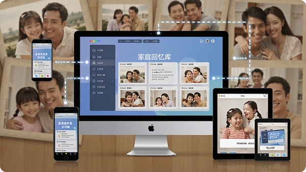 一张展示时光印记家庭共享功能的示意图,画面中一台电脑屏幕上有“家庭回忆库”的界面,周围环绕着手机、平板等设备,通过线条连接到电脑,表示多端同步,背景充满温馨的家庭合影元素
