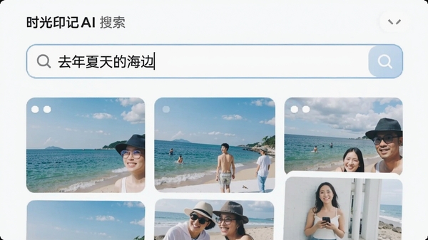 一张展示时光印记AI搜索功能的截图,搜索框内输入“去年夏天的海边”,下方呈现出多张海边风景照和人物合影,界面风格清新明亮,强调智能与精准