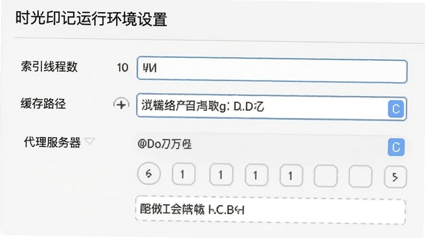 一张展示时光印记运行环境设置的截图,界面中包含“索引线程数”、“缓存路径”、“代理服务器”等设置选项,风格简洁专业,突出优化与自定义