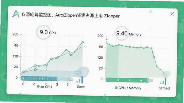 AutoZipper��Դռ�ü��ͼ����ʾ��CPU���ڴ�ʹ���ʣ�����Ϊ�����ɫ����ͻ���������ص�