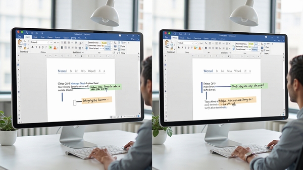 Office 2016 家庭和学生版多人协同编辑Word文档界面,分屏显示不同用户的光标位置和批注,现代办公场景,高清晰度