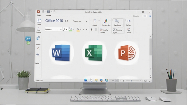 Office 2016 家庭和学生版主界面展示,包含Word、Excel、PowerPoint图标,背景为现代简洁桌面,扁平化设计风格,高清渲染图