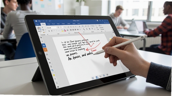 Office 2016 在触控平板电脑上运行,使用触控笔在Word文档中手写批注,直观的交互界面,现代教育场景