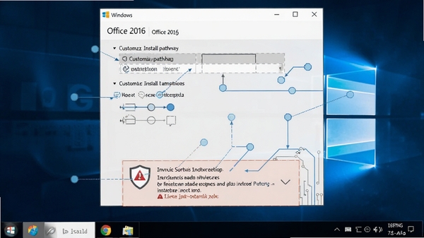 Office 2016 在Windows电脑上运行的安装设置界面,显示自定义安装路径选项,以及杀毒软件拦截提醒,技术风格图解
