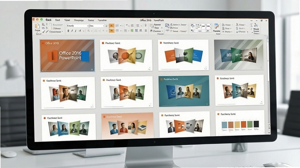 Office 2016 PowerPoint设计灵感功能界面,展示多种幻灯片版式预览,色彩搭配协调,现代演示风格,高质量图像