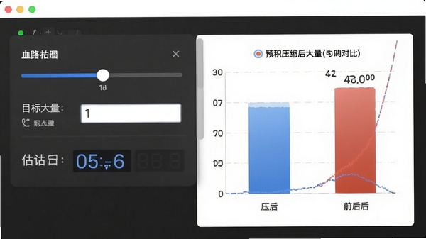展示压缩设置界面,包含压缩滑块、目标大小输入框、预估压缩后大小显示,背景有压缩前后文件大小对比的直观图表,突出体积控制能力