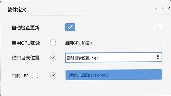 一张展示软件设置界面的图片,包含“自动检查更新”、“启用GPU加速”、“临时目录位置”等选项,背景简洁,突出优化与自定义功能