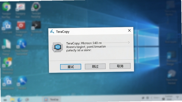 TeraCopy��������չʾ���ƹ������������ļ�ʱ�Ĵ�����ʾ���ڣ��ṩ�����ԡ������������͡�ȡ������ť������Ϊģ���ĵ������棬ɫ����ͣ�8K����