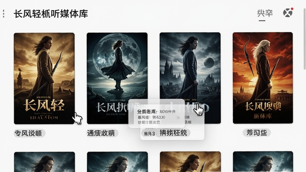 长风轻视听媒体库海报墙界面,展示多部电影封面与分类标签,鼠标悬停显示影片详情,界面美观有序