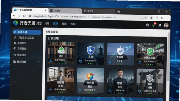 行者无疆浏览器主界面截图,展示整洁的标签栏、导航栏和丰富的扩展中心,背景为科技感蓝色调,突出高速、安全、智能的品牌形象