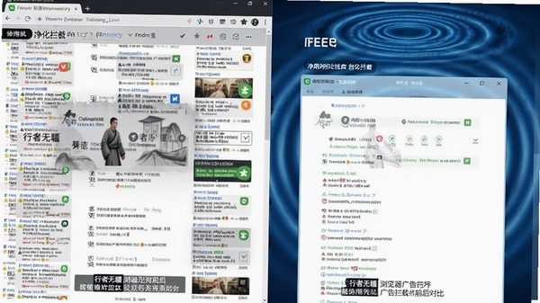 行者无疆浏览器广告拦截前后对比图,左侧为广告满屏的普通页面,右侧为启用拦截后的干净页面,背景为净化波纹效果