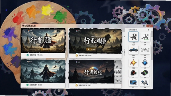 行者无疆浏览器个性化定制界面,展示多款主题皮肤和扩展插件列表,背景为多彩调色盘与齿轮图标,体现高度自由定制