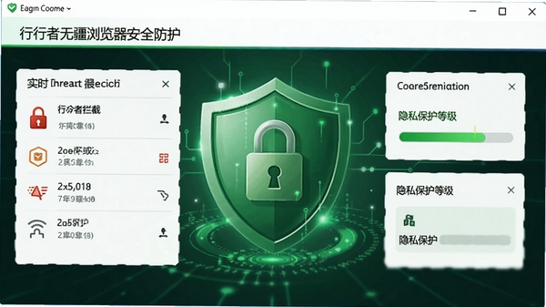 行者无疆浏览器安全防护界面,显示实时威胁拦截记录和隐私保护等级,背景为绿色盾牌与加密锁图标,突出安全可靠