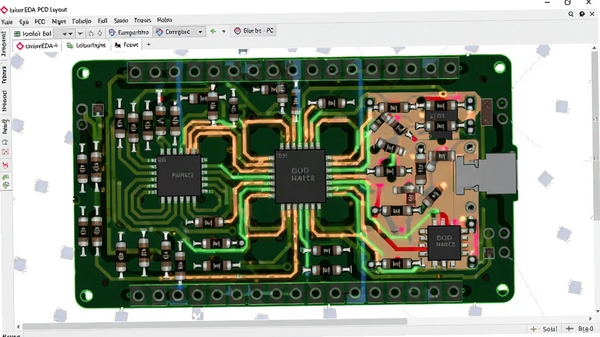 立创EDA PCB布局布线界面,展示多层板走线和铺铜效果,元件布局整齐,高亮显示网络连接