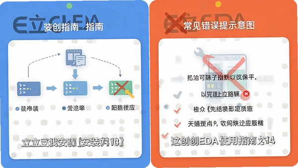 立创EDA使用指南示意图,展示安装步骤和常见错误提示,配以文字说明,风格简洁清晰