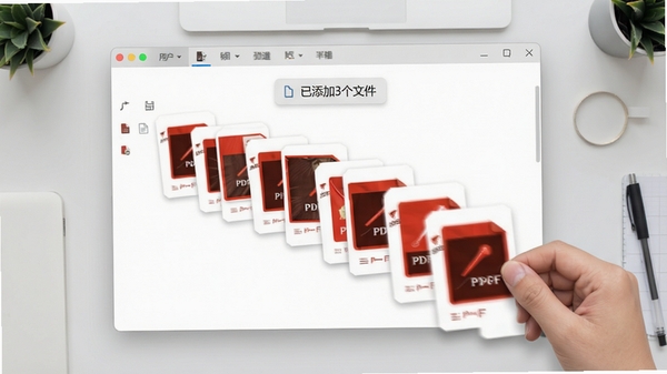 一张动态效果图,展示用户将多个PDF文件拖入PDF猫PDF转PPT窗口的瞬间,文件卡片依次排列,界面出现“已添加3个文件”的提示,背景为浅灰色工作台