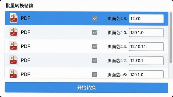 一张展示批量转换列表的截图,列表中有多个PDF文件,每个文件旁有勾选框和页面范围输入框,底部有“开始转换”按钮,界面配色清爽