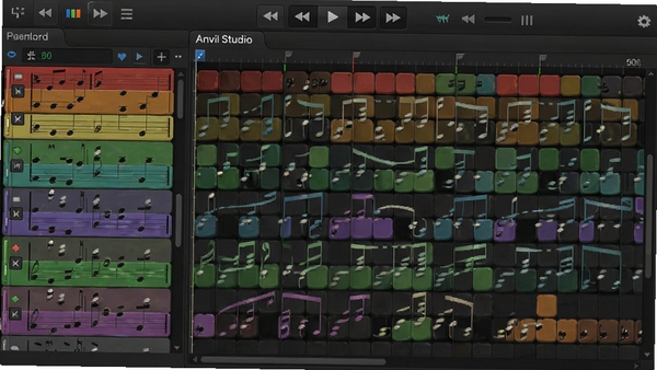 Anvil Studio 钢琴卷帘窗编辑界面,彩色音符块排列,左侧为音轨列表,顶部为播放控制栏,背景为深灰色调,突出音符编辑的精细度
