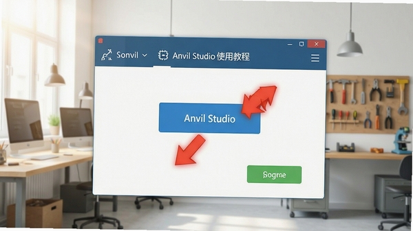 Anvil Studio 使用教程界面,箭头标注关键按钮,背景为明亮的工作室环境,强调教学指导的实用性