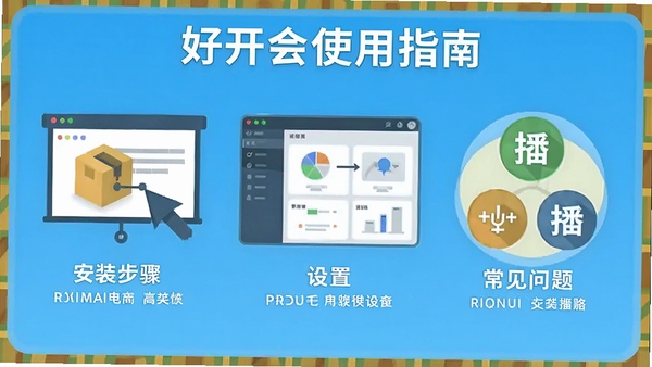 好开会使用指南插图,展示安装步骤、设置界面、常见问题图标,风格简洁明快,配合文字说明