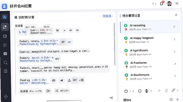 好开会AI纪要界面,左侧为实时转写文本,右侧为待办事项列表,AI识别发言人,界面简洁专业,突出智能化功能