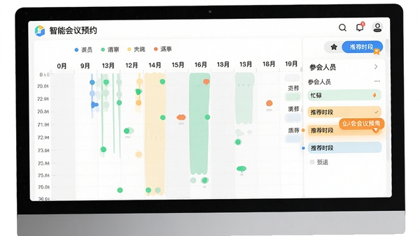 好开会智能会议预约界面,显示日历时间轴、参会人员忙碌状态、推荐时段高亮,色彩清新,界面友好,适合功能展示