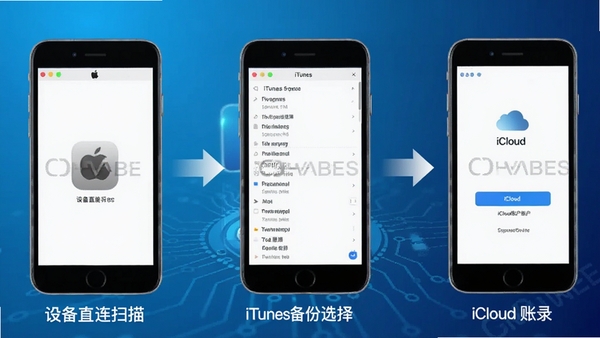 ���ƻ���ֻ��ָ��������ָֻ�ģʽ�Ա�ͼ�����Ϊ�豸ֱ��ɨ����棬�м�ΪiTunes����ѡ���б����Ҳ�ΪiCloud�˻���¼���棬�ü�ͷ����������Ϊ������ɫ�Ƽ��У���������ˮӡ
