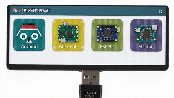 51����Ӳ��ѡ����棬�г�Arduino��Micro:bit��ESP32�ȿ�����ͼ�꣬���ӵ���USB