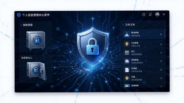 个人信息管理中心软件主界面,展示分类清晰的加密保险箱和文件列表,背景有盾牌与锁的图标,整体风格现代简洁,蓝色科技感色调
