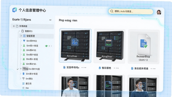 个人信息管理中心的智能分类界面,展示左侧分类树和右侧文件预览,有搜索框高亮显示,背景为淡蓝色网格,科技感十足
