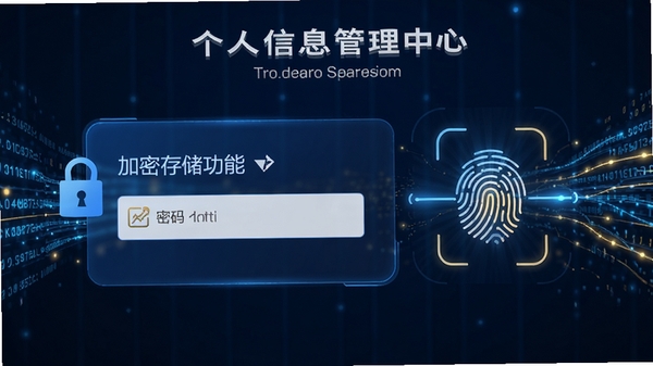 个人信息管理中心的加密存储功能界面,显示密码输入框和指纹验证图标,背景有数据流动的光效,强调安全性,蓝色与金色搭配